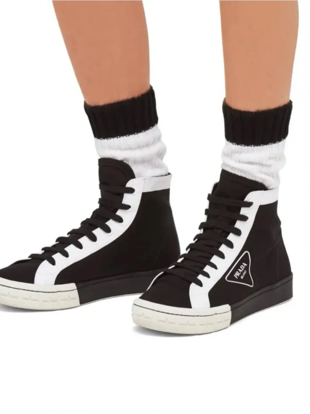 Prada Black Cloth High-Top Sneakers with White Trim